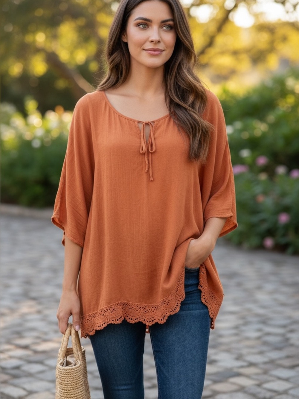 Orange Peasant Blouse with Crochet Hem